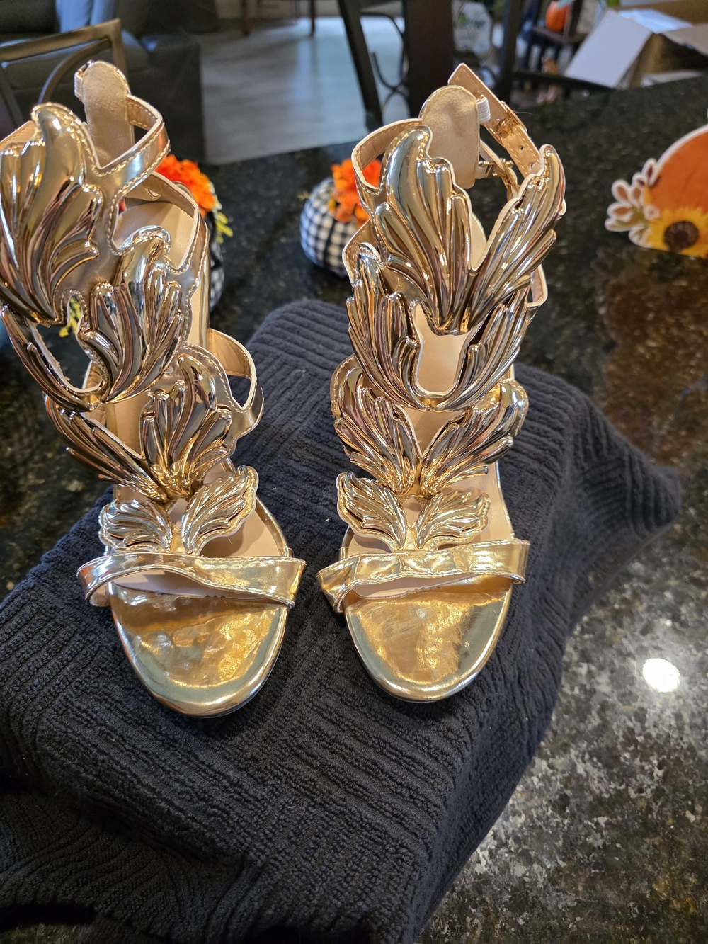 Women's Gold Metallic Leaf Embellished Sandals